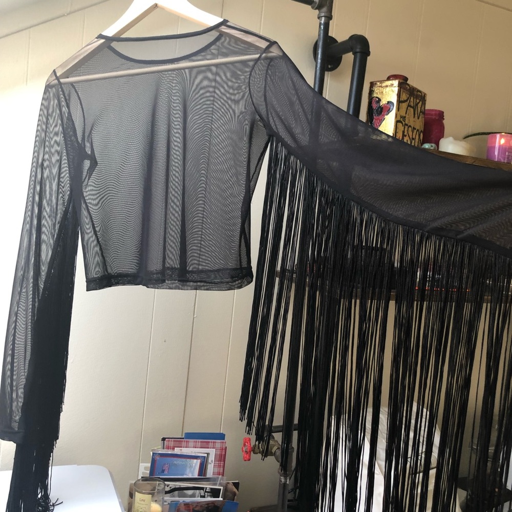 Boho festival top black mesh crop top with fringe